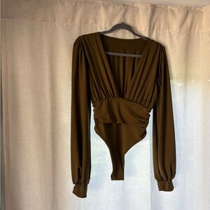 Brown Long Sleeve Deep V Bodysuit